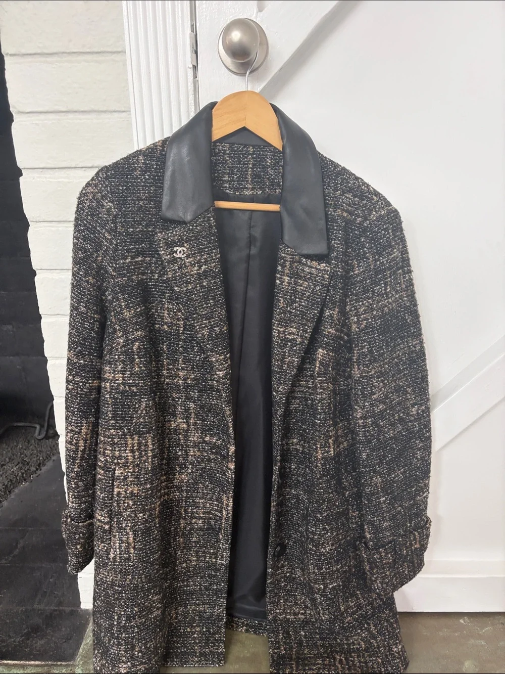 CHANEL like pin on Black and Beige Tweed Blazer with Leather Collar